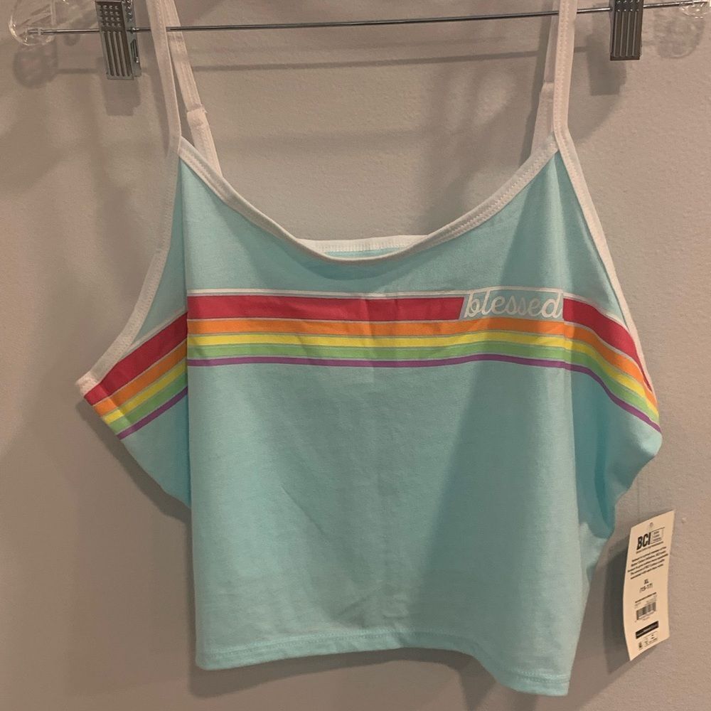 No Boundaries Blue Sleeveless Crop Tank with Rainbow Stripes